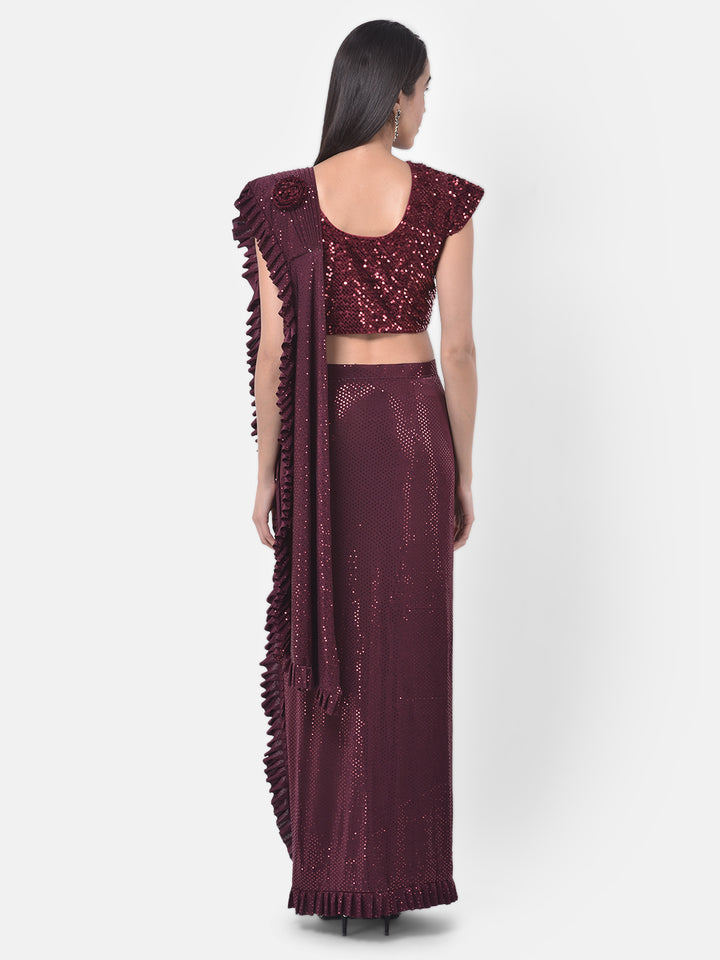 Neerus Wine Embellished Ready To Wear Saree With Blouse