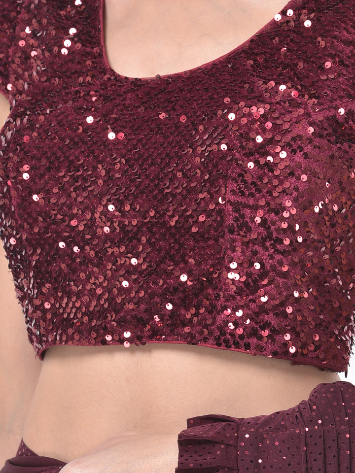 Neerus Wine Embellished Ready To Wear Saree With Blouse