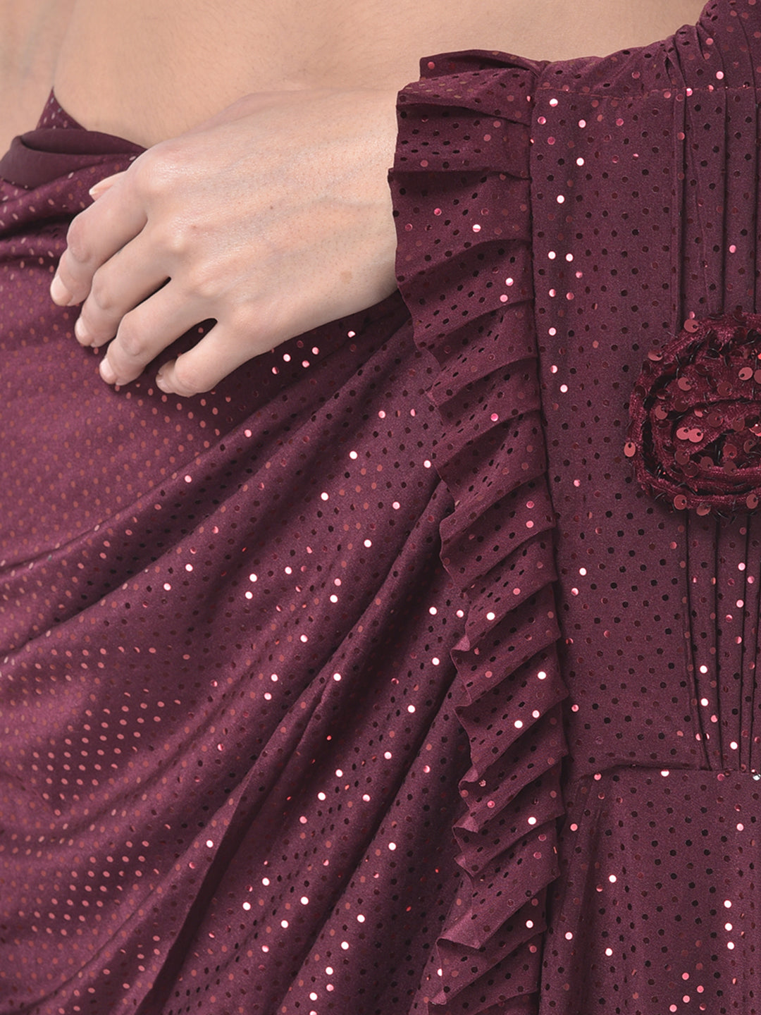 Neerus Wine Embellished Ready To Wear Saree With Blouse