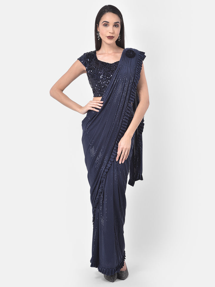 Neerus Blue Solid Ready To Wear Saree With Blouse