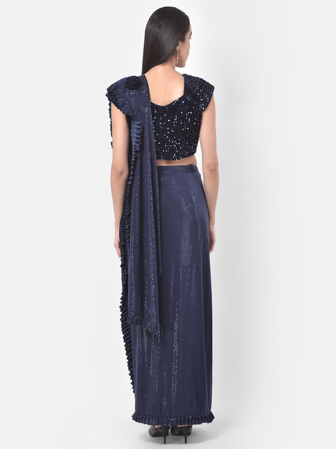 Neerus Blue Solid Ready To Wear Saree With Blouse