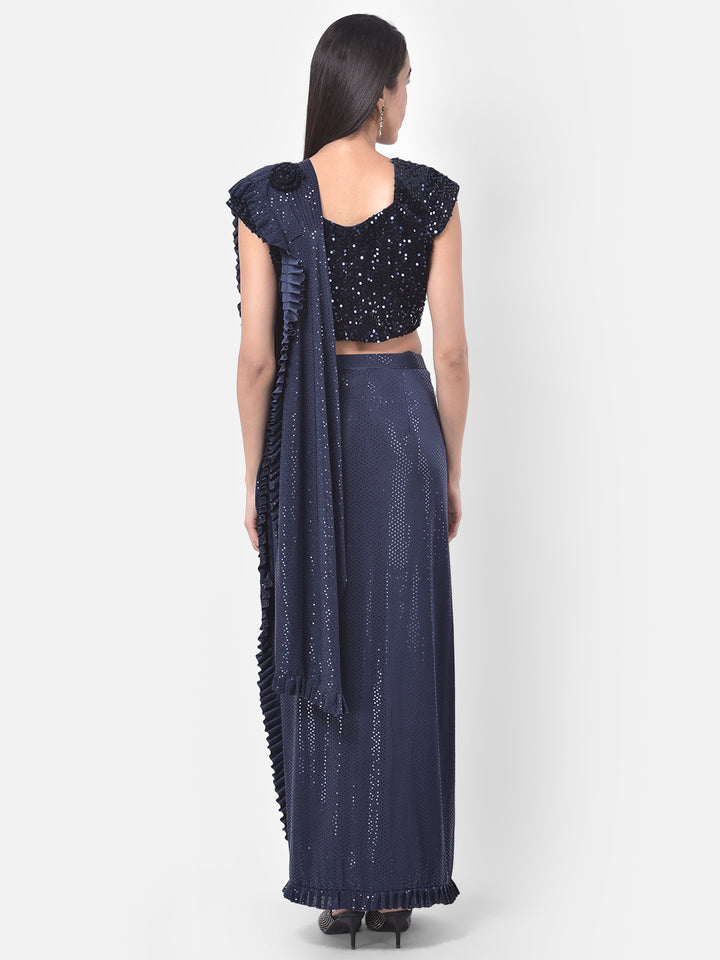 Neerus Blue Solid Ready To Wear Saree With Blouse