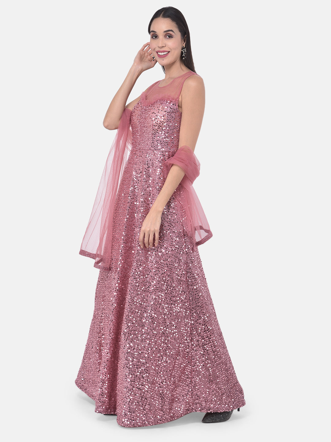 Neeru'S Onion Colour Nett Fabric Gown
