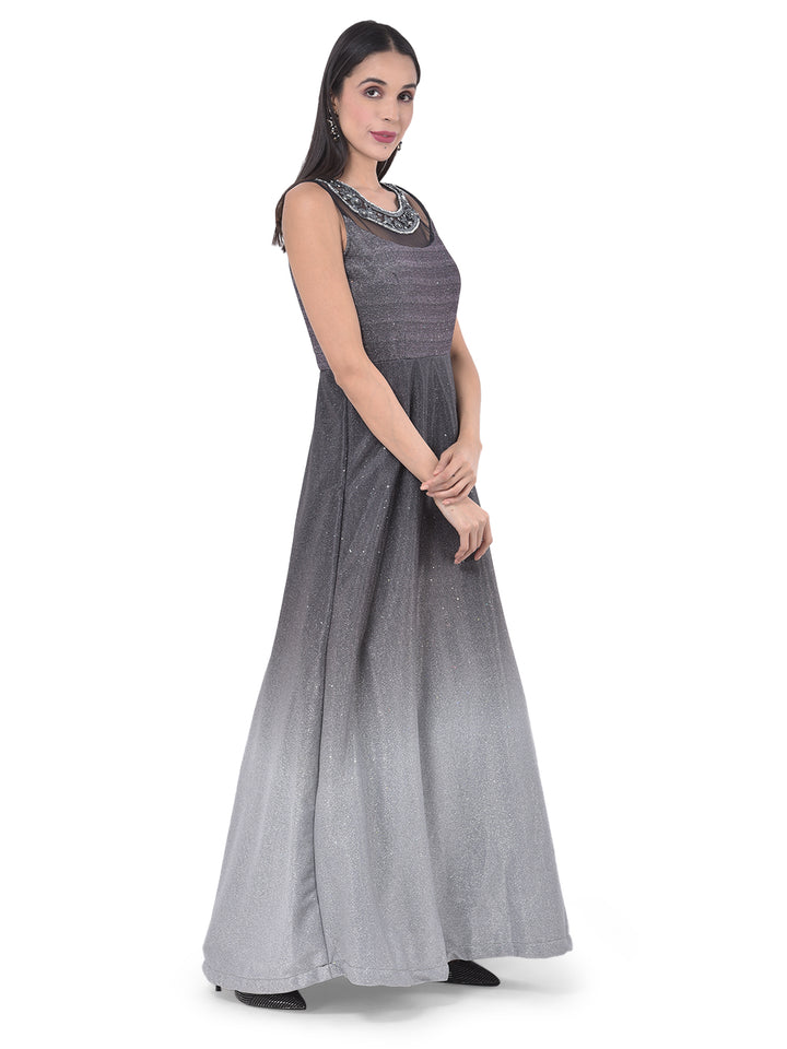 Neerus Black polyester embellished gown - front view