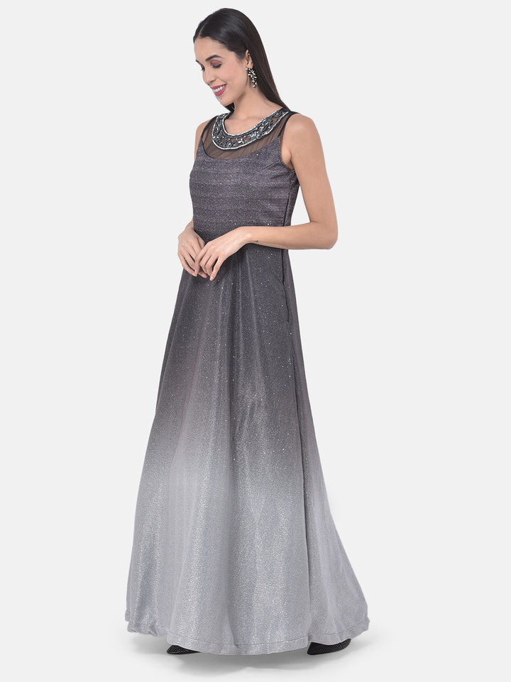 Neerus Black polyester embellished gown - back view