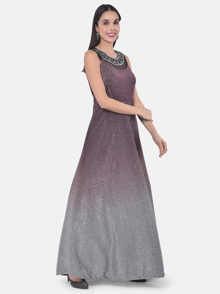Neerus Maroon polyester embellished gown - front view