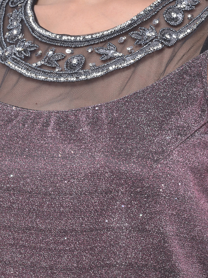 Neerus Maroon polyester embellished gown - side view