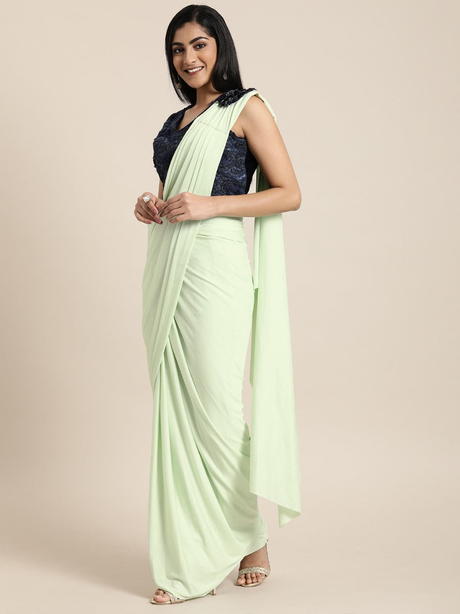 Neeru's Green Solid Ready to Wear Saree With Blouse