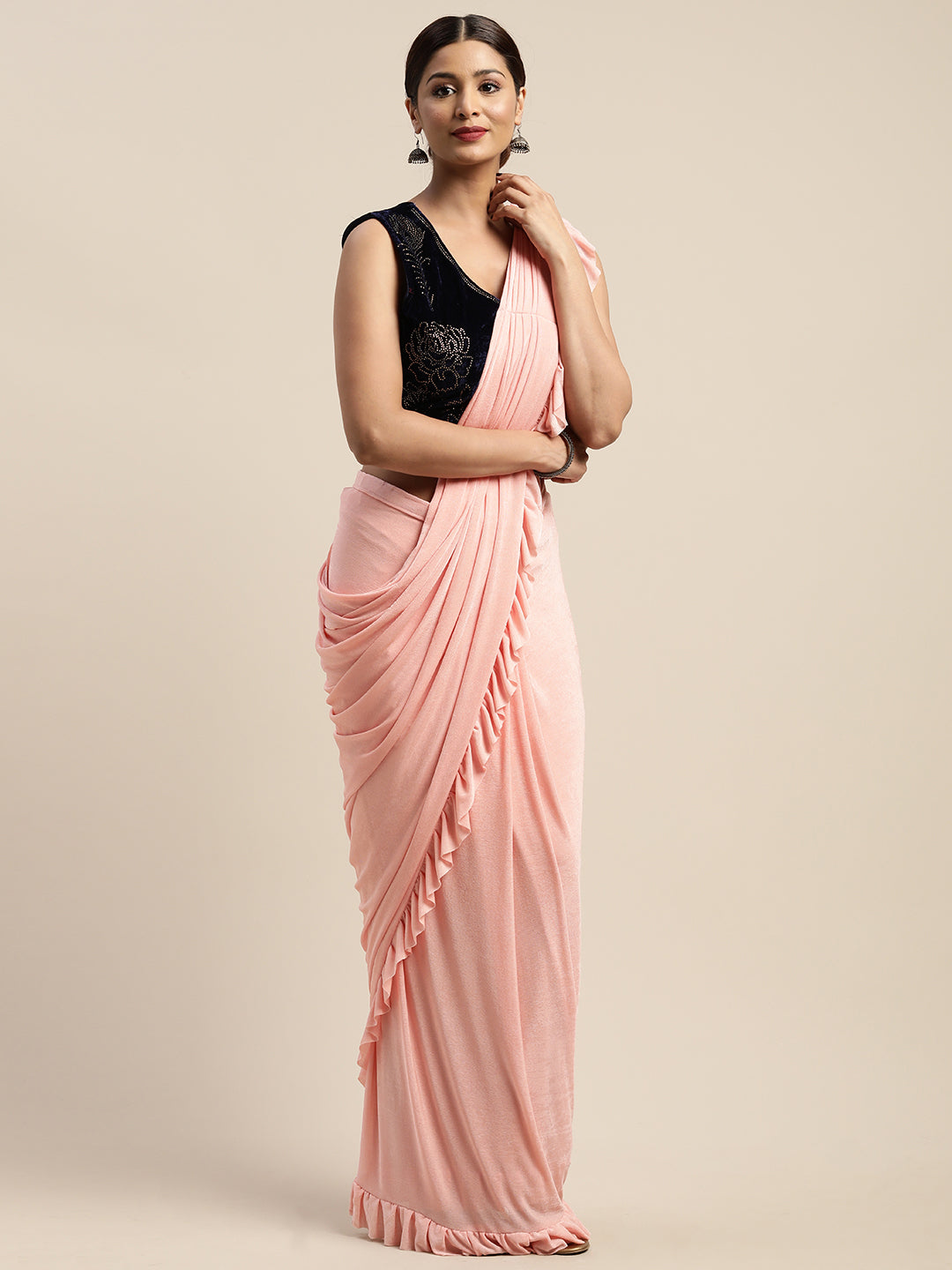 Neeru's Peach Solid Ready to Wear Saree With Blouse