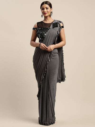 Neeru's Grey Solid Ready To Wear Saree With Blouse