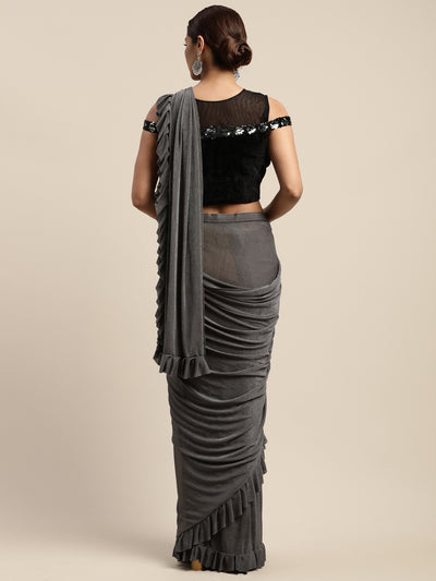 Neeru's Grey Solid Ready To Wear Saree With Blouse