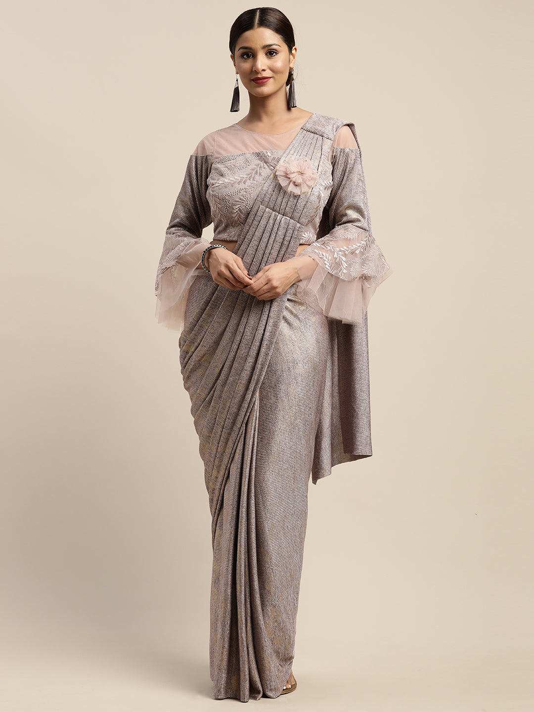Neerus Pink Color Viscose Rayon Fabric Drape Saree, With Stitched Blouse
