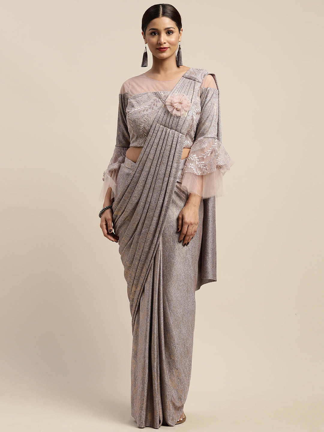 Neerus Pink Color Viscose Rayon Fabric Drape Saree, With Stitched Blouse