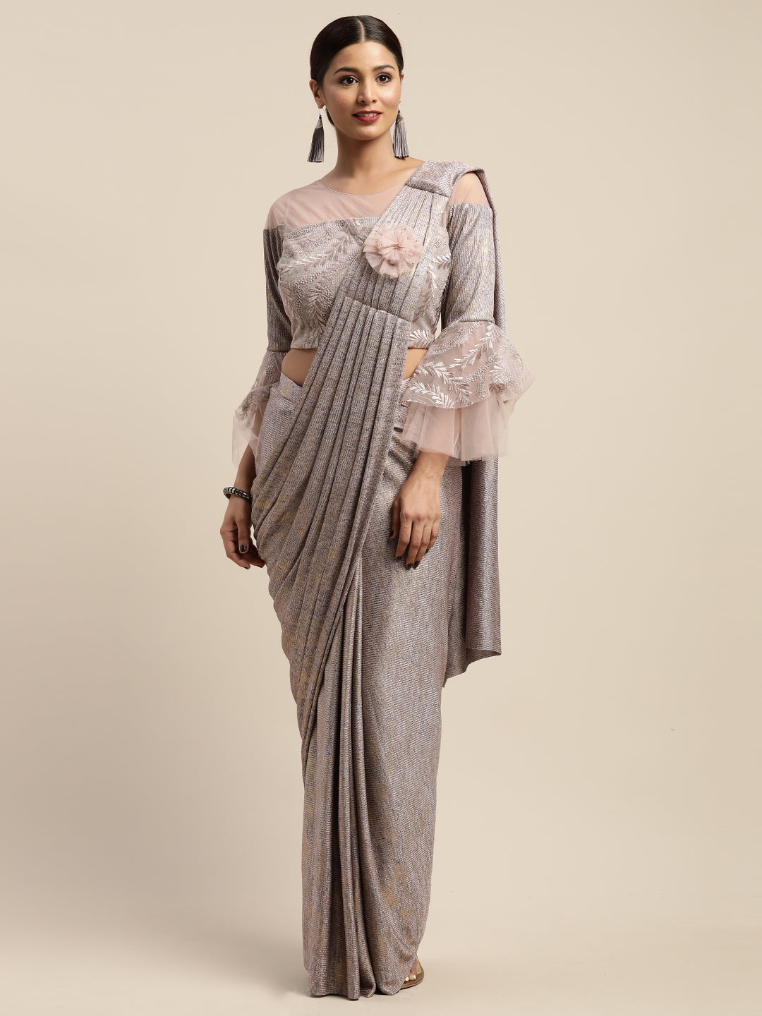 Neerus Pink Color Viscose Rayon Fabric Drape Saree, With Stitched Blouse