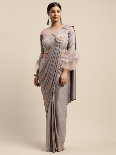 Neerus Pink Color Viscose Rayon Fabric Drape Saree, With Stitched Blouse