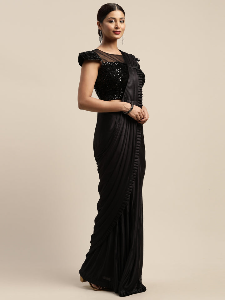 Neerus Black Solid Ready To Wear Saree With Blouse