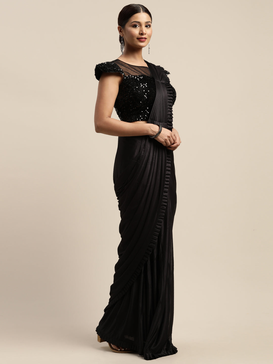 Neerus Black Color Pure Crepe Fabric Drape Saree, With Stitched