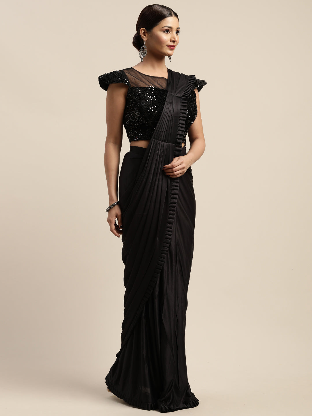 Neeru's Black Solid Ready To Wear Saree With Blouse