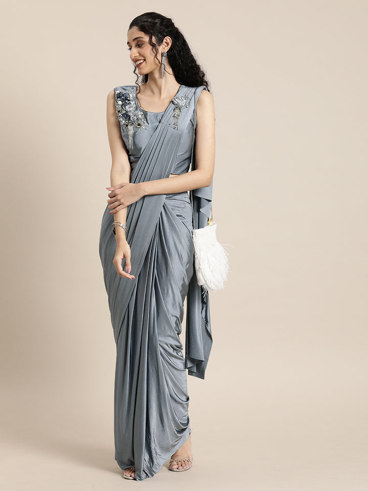 Neerus Grey Solid Ready To Wear Saree With Blouse