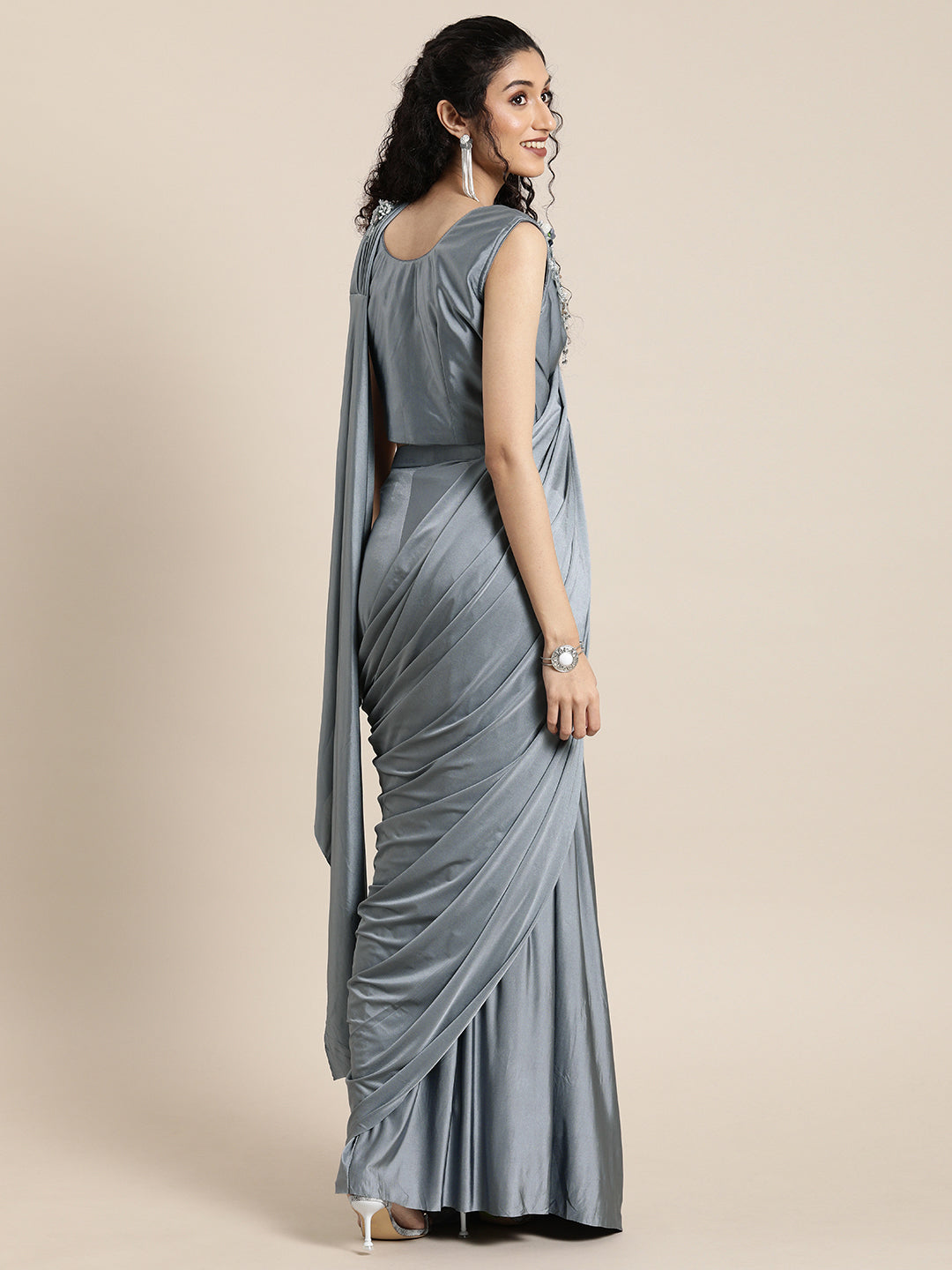 Neeru's Grey Solid Ready to Wear Saree With Blouse