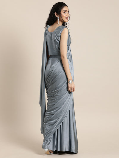 Neeru's Grey Solid Ready to Wear Saree With Blouse