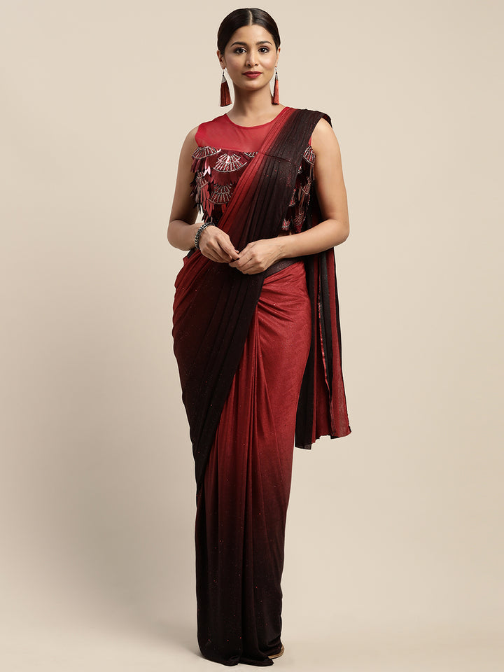 Neerus Red Solid Ready To Wear Saree With Blouse