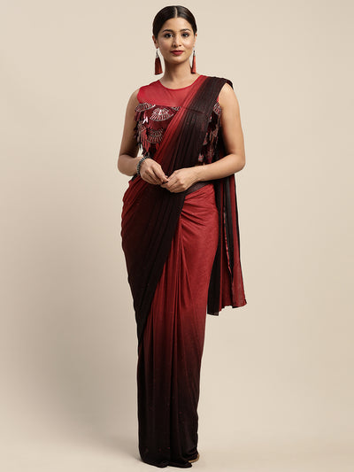 Neeru's Red Solid Ready To Wear Saree With Blouse