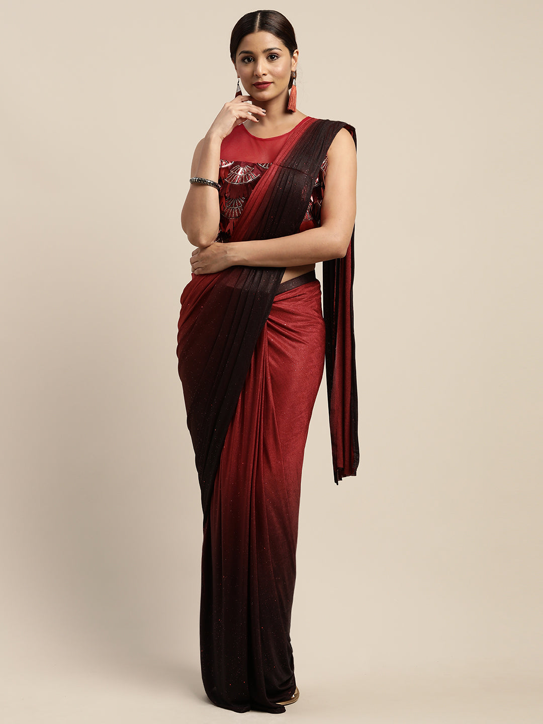 Neeru's Red Solid Ready To Wear Saree With Blouse