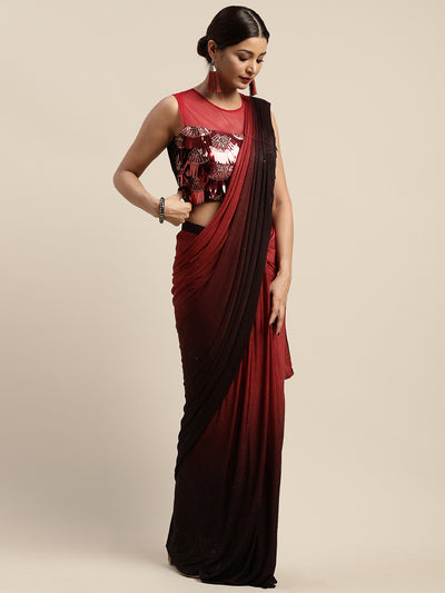 Neeru's Red Solid Ready To Wear Saree With Blouse