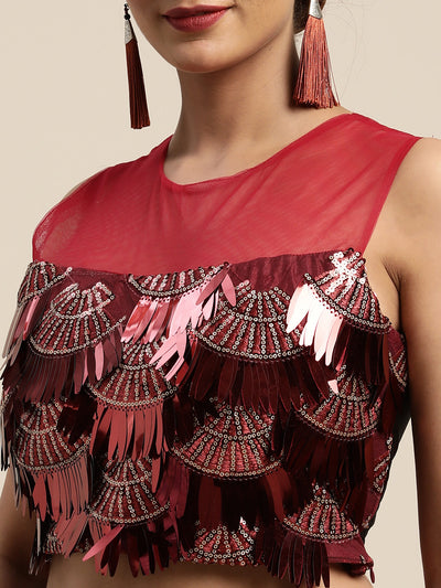 Neeru's Red Solid Ready To Wear Saree With Blouse