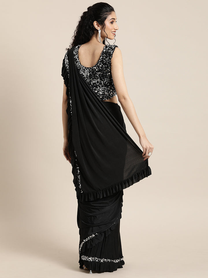 Neerus Black Color Lycra Fabric Drape Saree