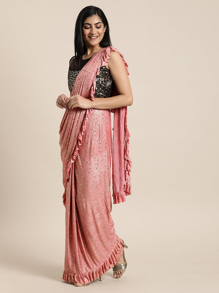 Neerus Peach Color Lycra Fabric Drape Saree