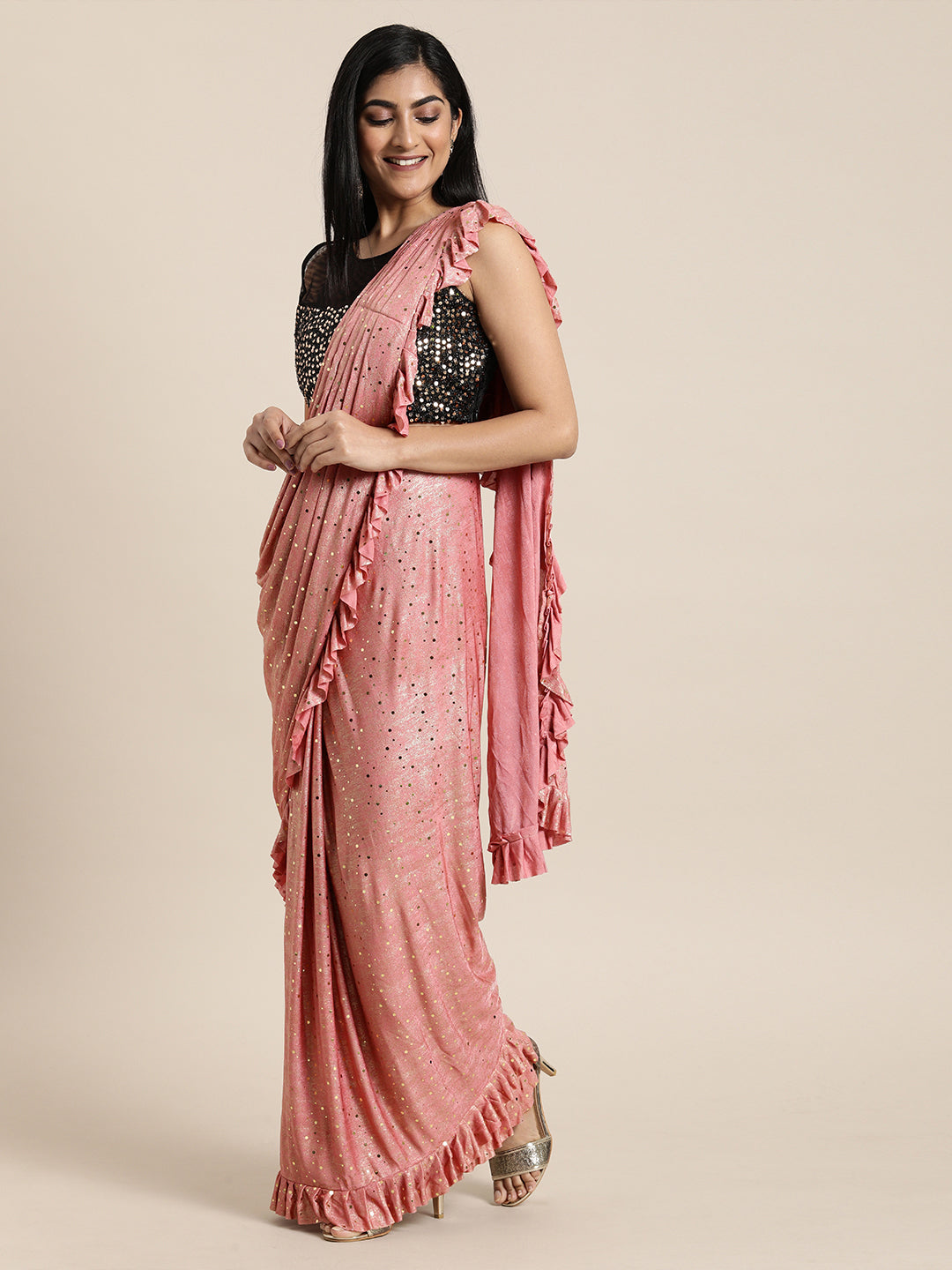 Neeru's Peach Color Lycra Fabric Drape Saree