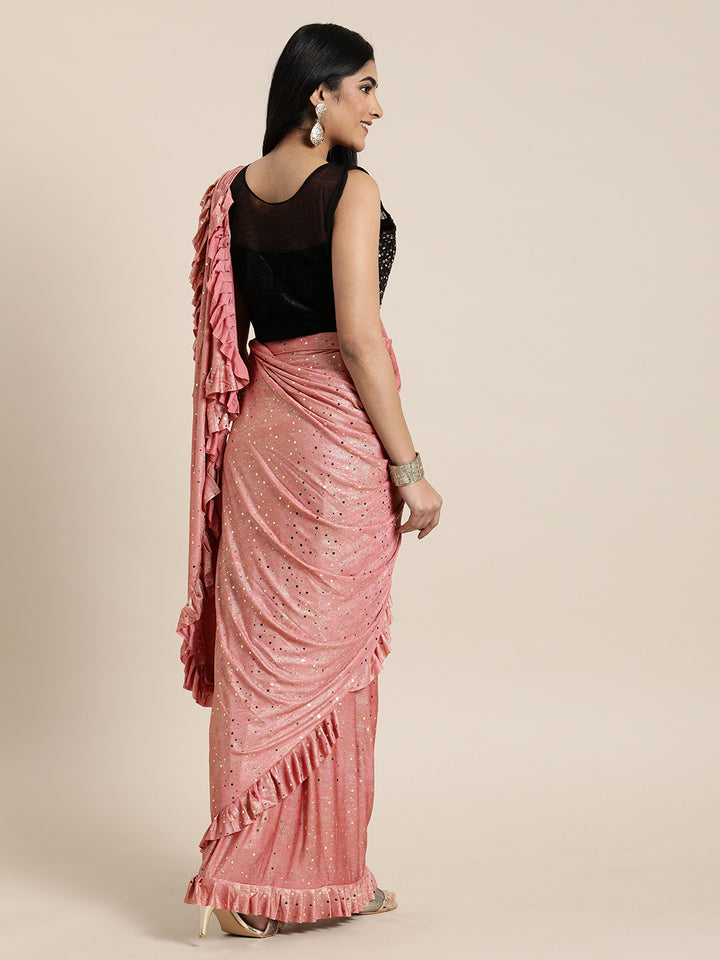 Neerus Peach Color Lycra Fabric Drape Saree