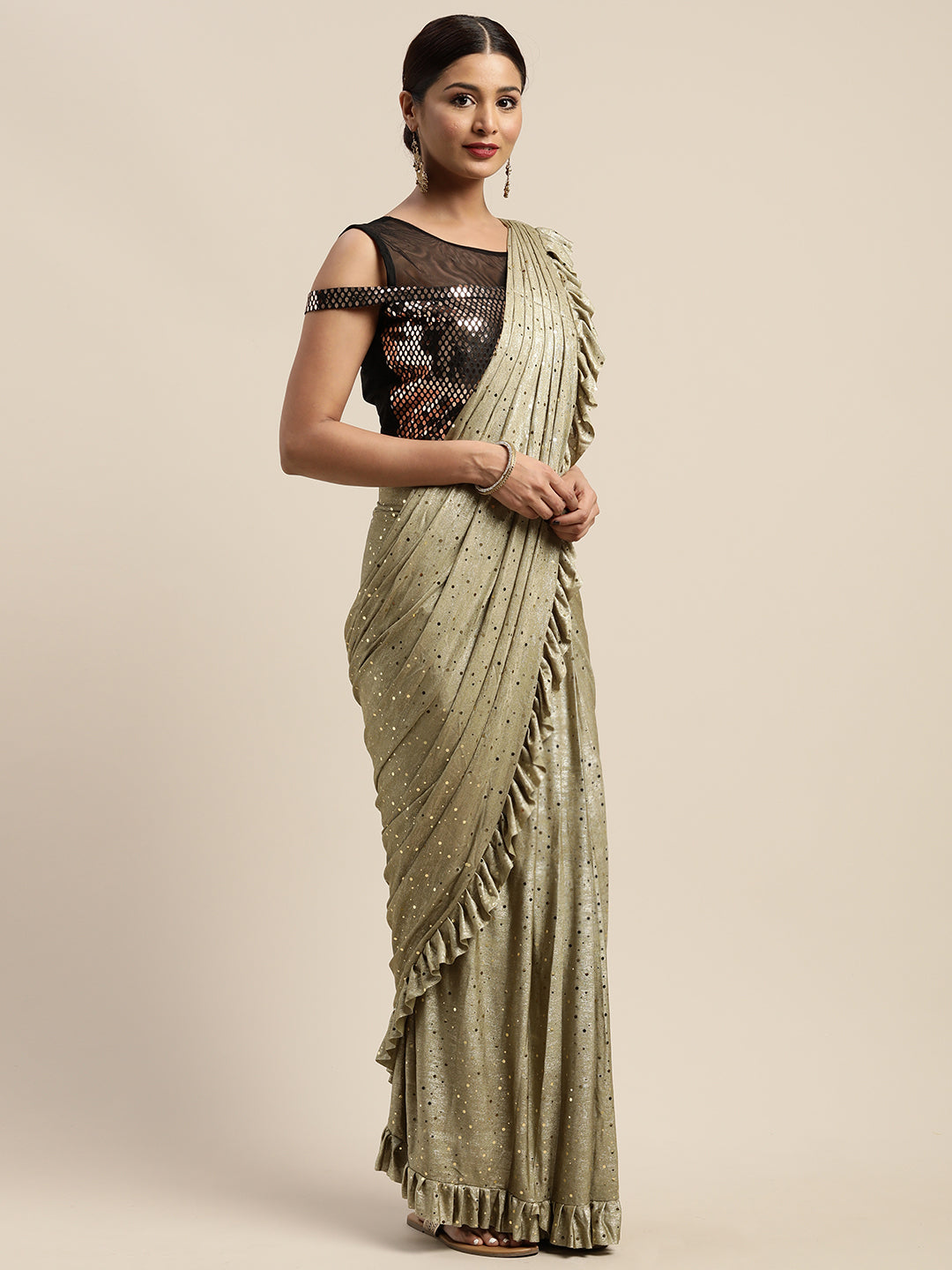 Neerus Olive Color Viscose Rayon Fabric Drape Saree With Stitched Blouse