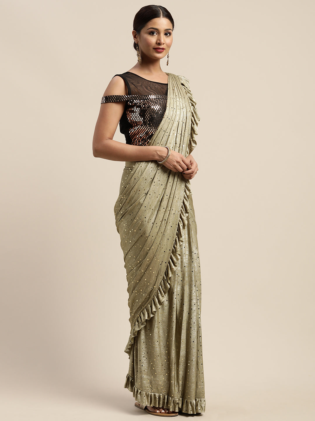 Neerus Olive Color Viscose Rayon Fabric Drape Saree, With Stitched Blouse