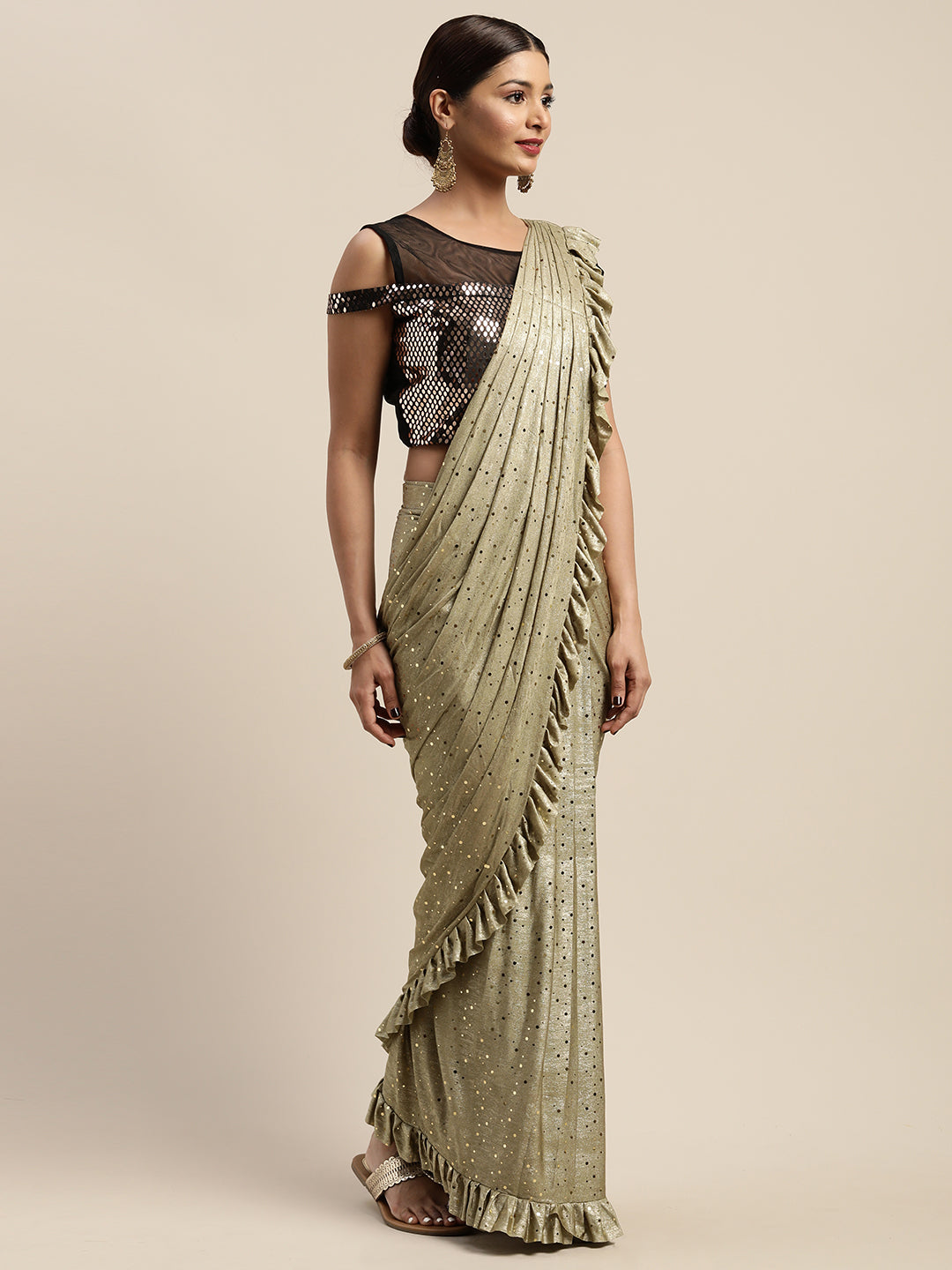 Neerus Olive Color Viscose Rayon Fabric Drape Saree With Stitched Blouse
