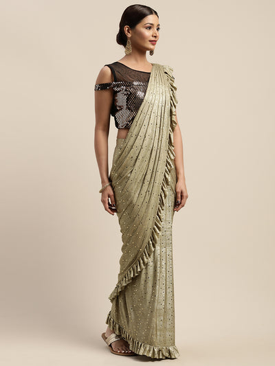 Neerus Olive Color Viscose Rayon Fabric Drape Saree, With Stitched Blouse