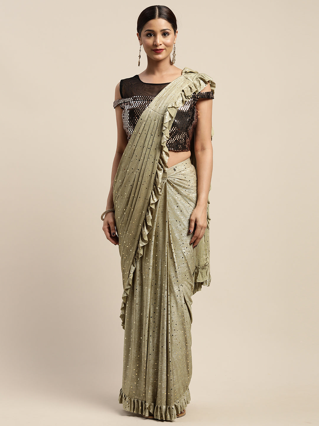 Neerus Olive Color Viscose Rayon Fabric Drape Saree With Stitched Blouse