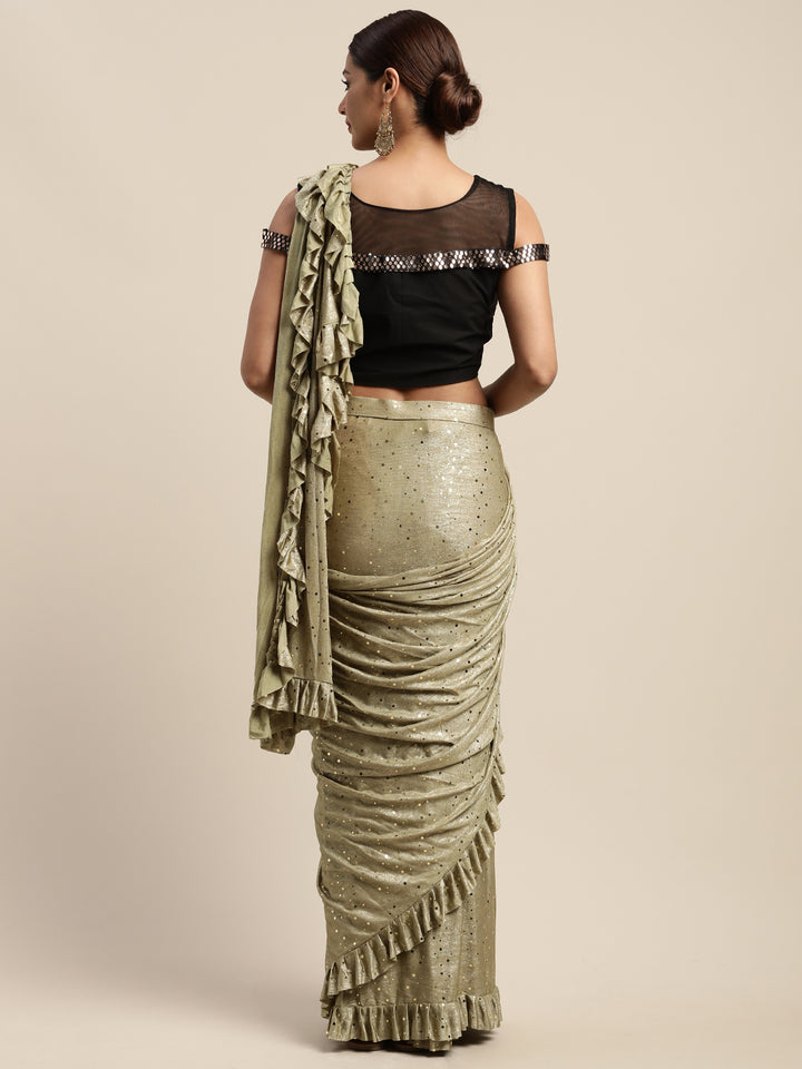 Neerus Olive Color Viscose Rayon Fabric Drape Saree With Stitched Blouse