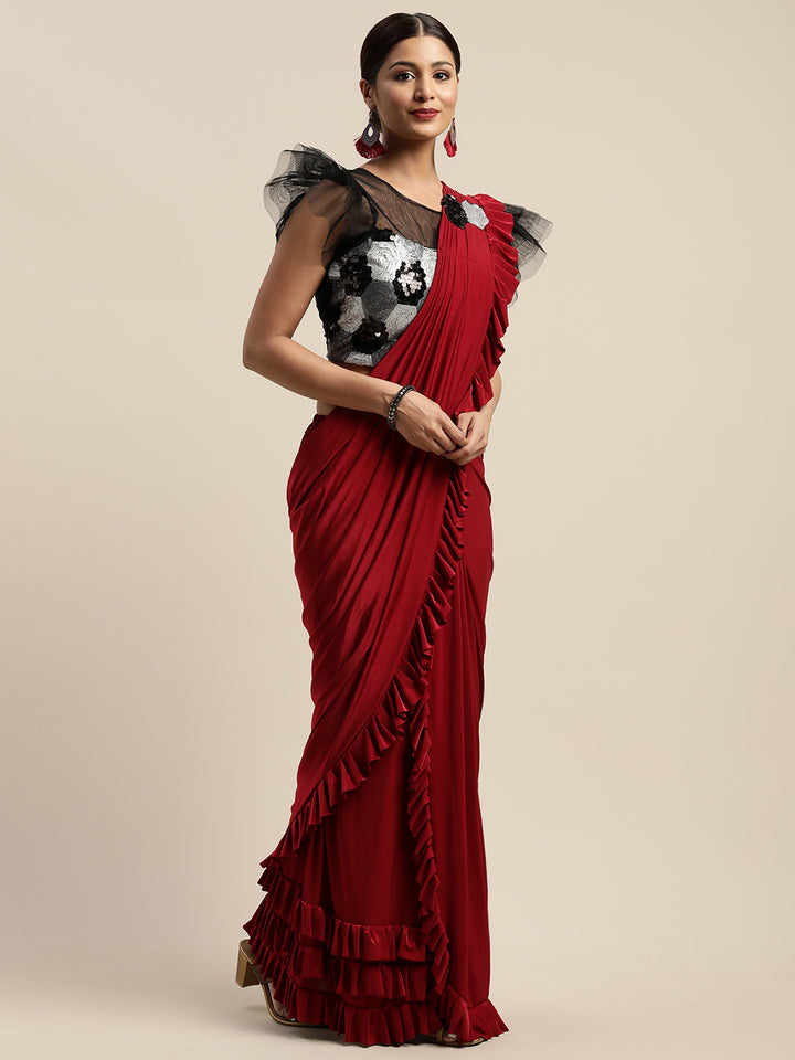 Neerus Red Solid Ready To Wear Saree With Blouse