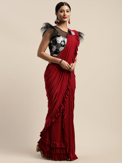 Neeru's Red Solid Ready to Wear Saree With Blouse