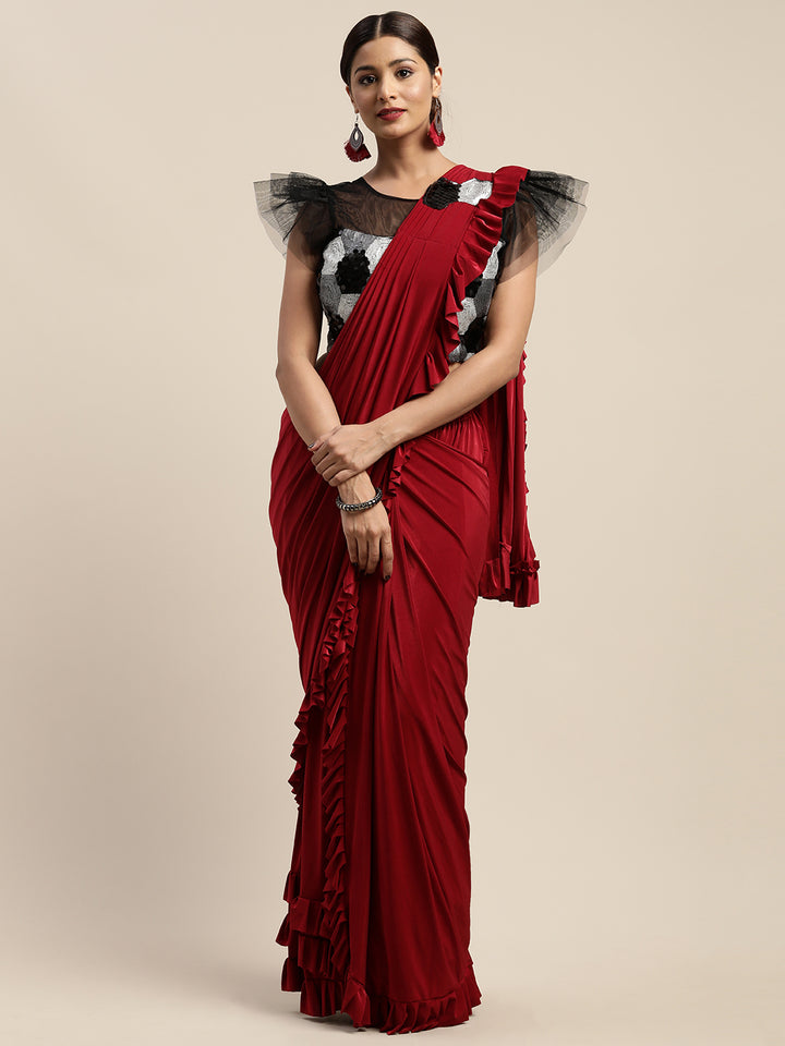 Neerus Red Solid Ready To Wear Saree With Blouse