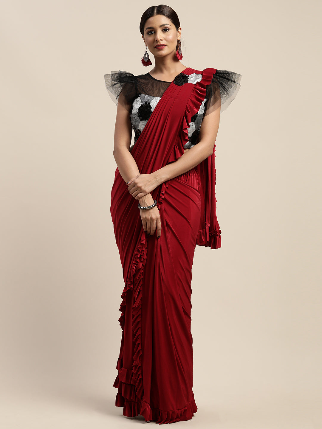 Neeru's Red Solid Ready to Wear Saree With Blouse