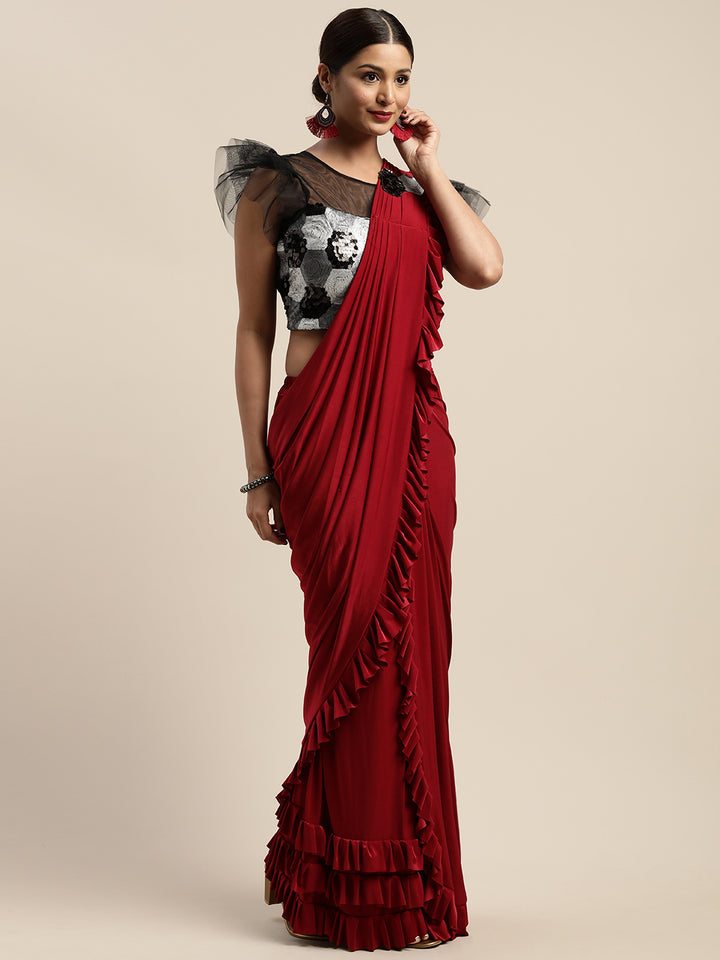 Neerus Red Solid Ready To Wear Saree With Blouse