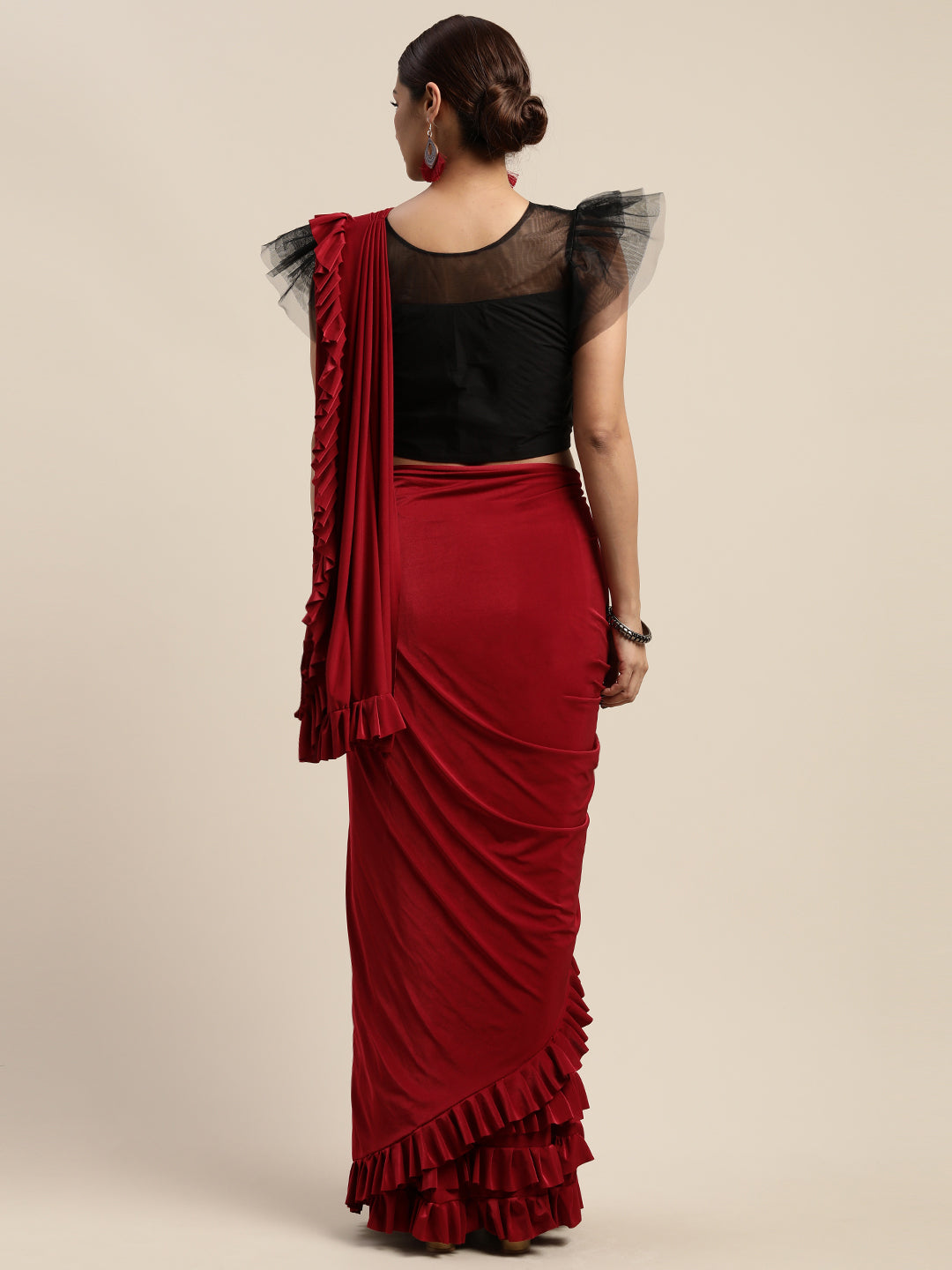Neeru's Red Solid Ready to Wear Saree With Blouse