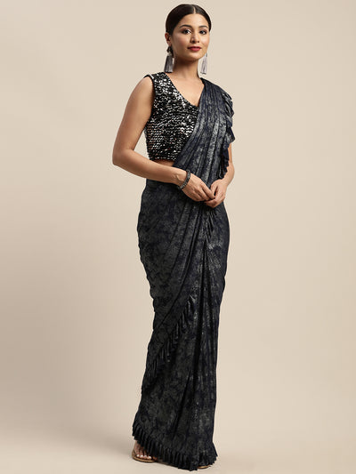 Neeru's Blue Printed Ready To Wear Saree With Blouse