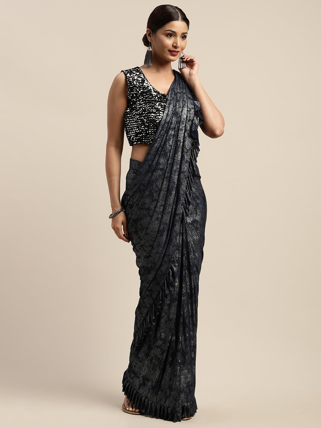 Neeru's Blue Printed Ready To Wear Saree With Blouse