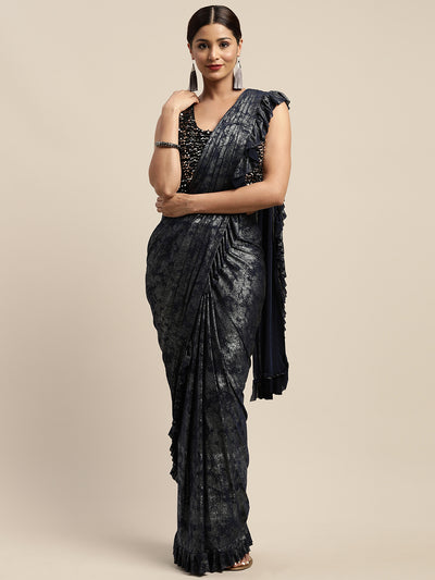 Neeru's Blue Printed Ready To Wear Saree With Blouse