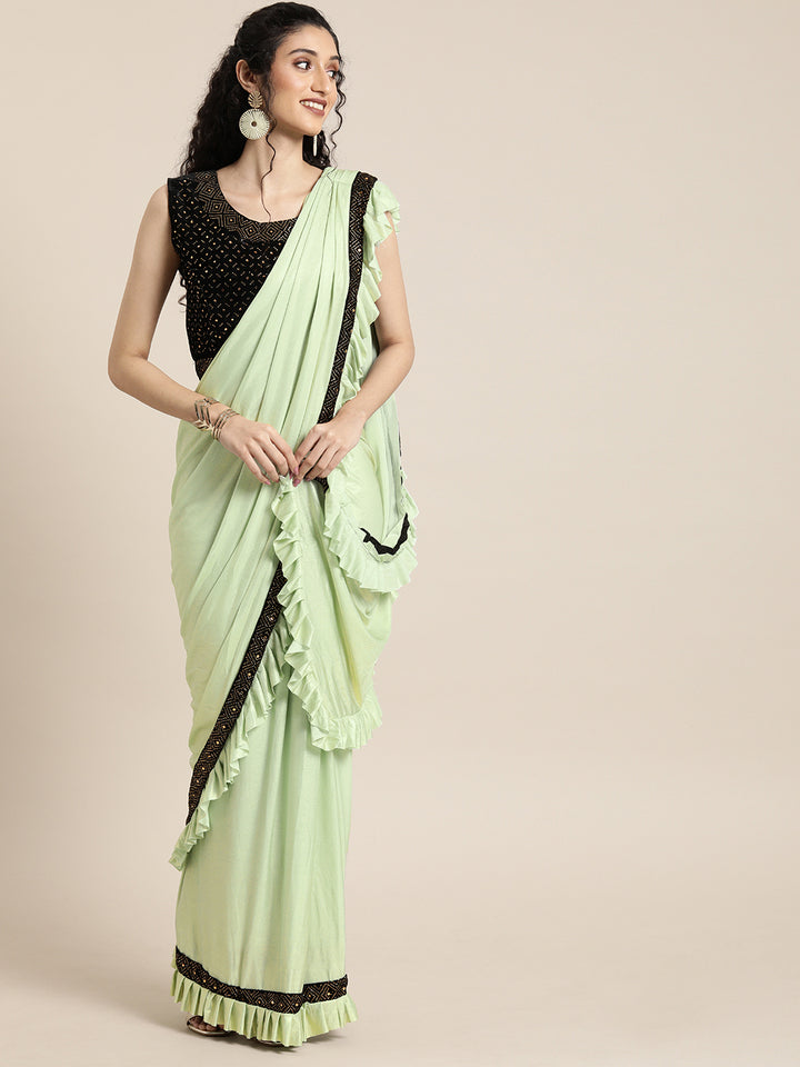 Neerus Green Solid Ready To Wear Saree With Blouse